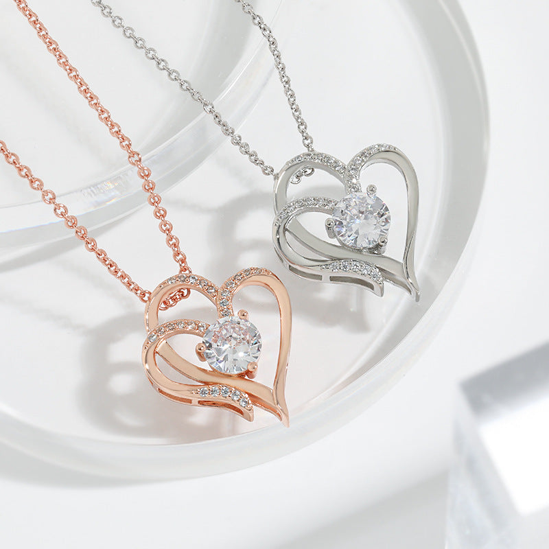 Collier Cœur Double Amour Zircon – Chaîne Clavicule