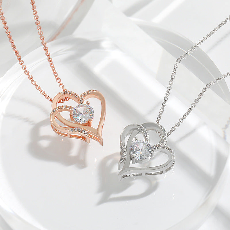 Collier Cœur Double Amour Zircon – Chaîne Clavicule